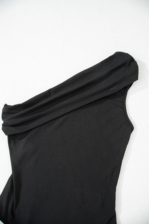 Chic Pleated Asymmetrical One Shoulder Bodysuit