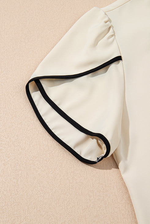 Chic Pussy Bow Tie Neck Contrast Trim Short Sleeve Blouse