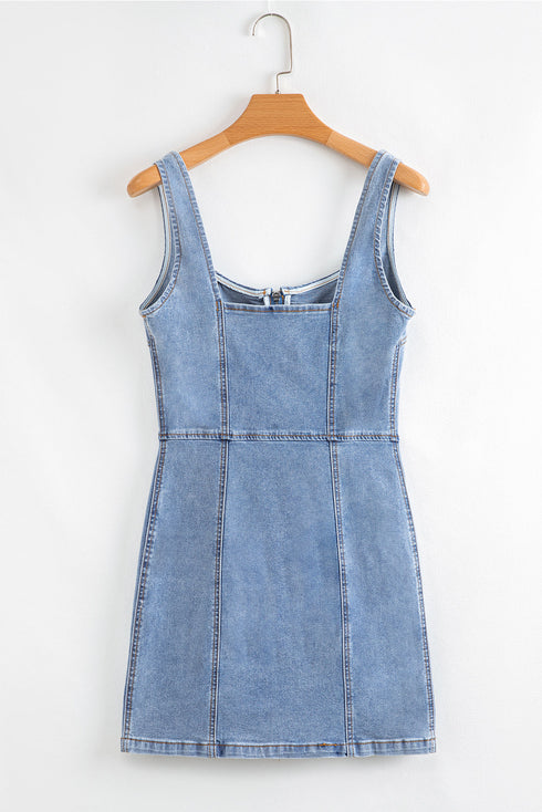 Chic Sleeveless Square Neck Seamed Zipper Bodycon Denim Mini Dress