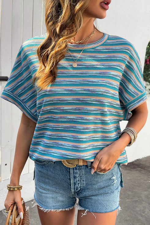 Chic Textured Stripe Wide Sleeve Comfort Loose Knit Top