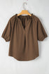 Chicory Coffee Frill Split Neck Puff Sleeve Crinkle Blouse