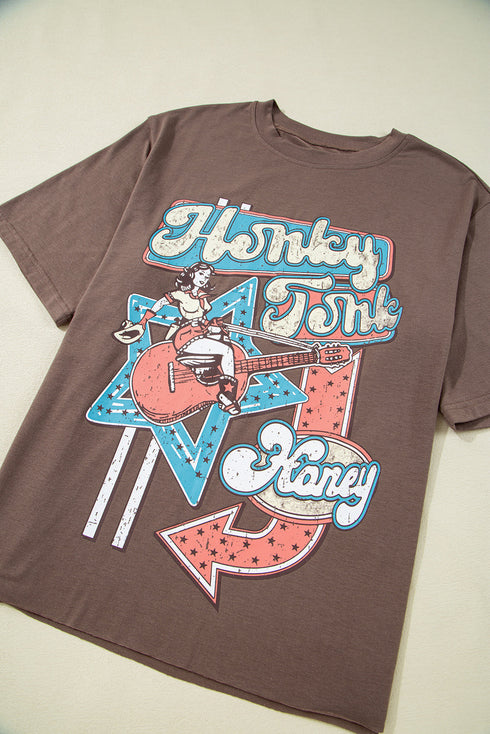 Chicory Coffee Honky Tonk Honey Graphic Crew Neck Western Fashion Tee