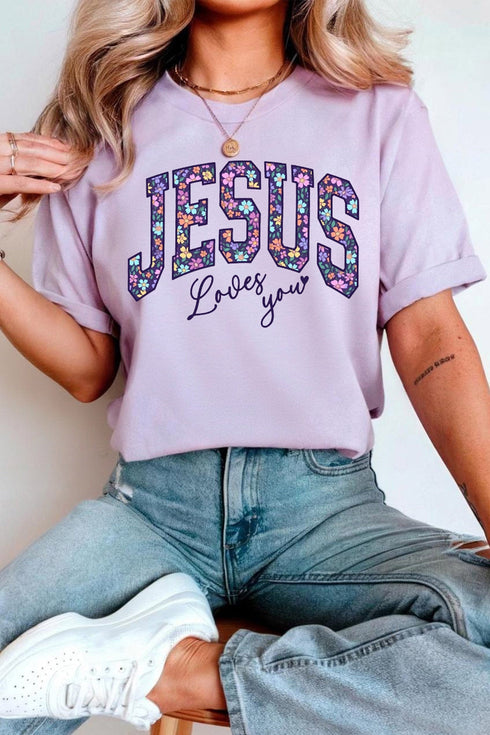 Christian Floral Letter Print Round Neck Faith Graphic Tee