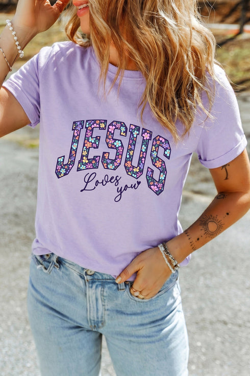 Christian Floral Letter Print Round Neck Faith Graphic Tee