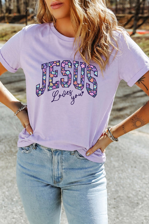 Christian Floral Letter Print Round Neck Faith Graphic Tee