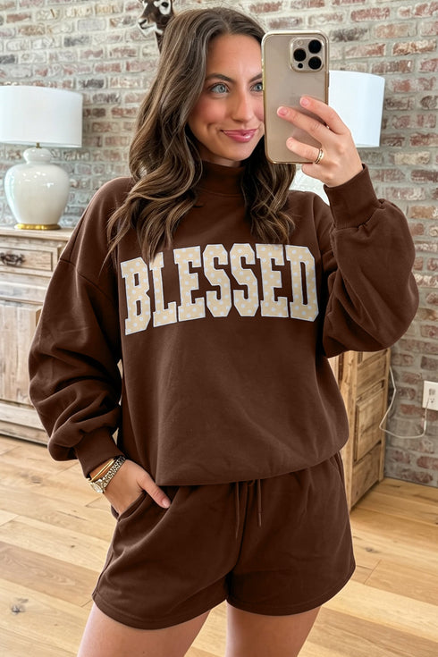 Christian Slogan Mock Neck Pullover Short Set