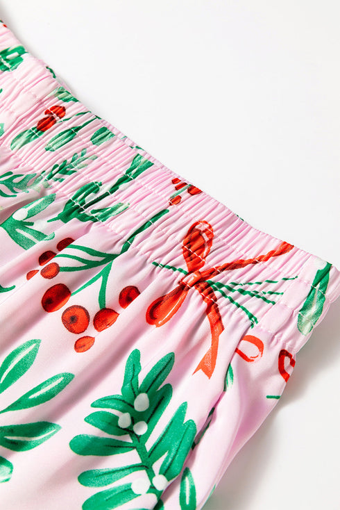 Christmas Berries Plant Print Satin Wide Leg Sleepwear Set