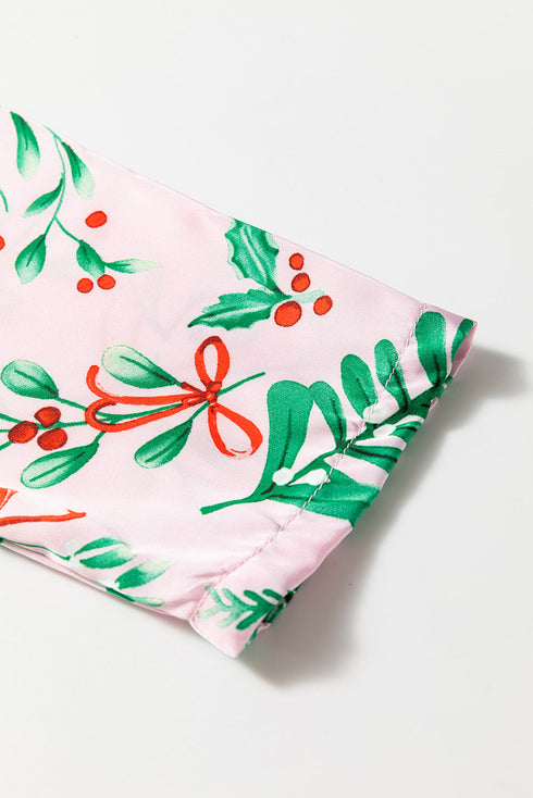 Christmas Berries Plant Print Satin Wide Leg Sleepwear Set