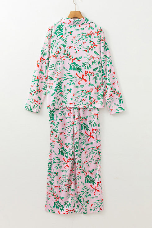 Christmas Berries Plant Print Satin Wide Leg Sleepwear Set