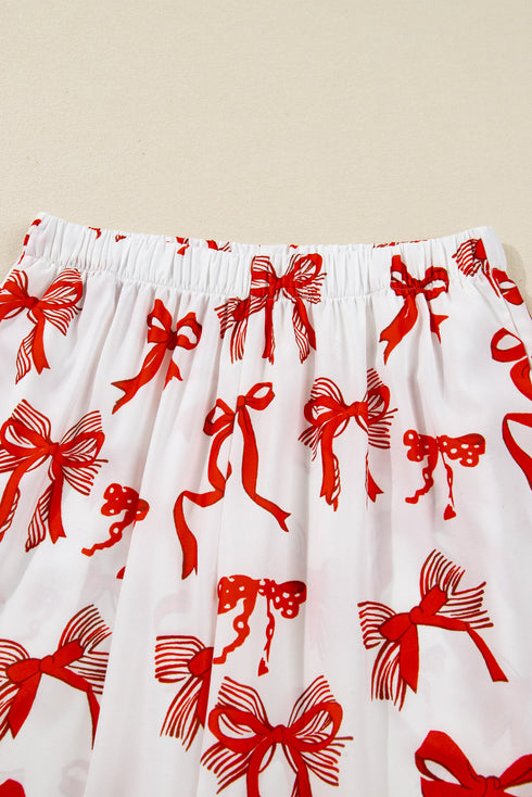 Christmas Bow Print Crewneck Long Sleeve Wide Leg Pajama Set