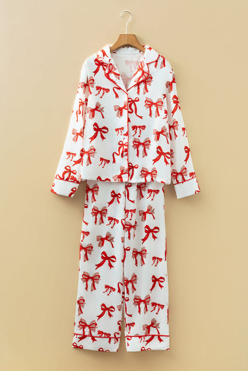 Christmas Bow Print Crewneck Long Sleeve Wide Leg Pajama Set