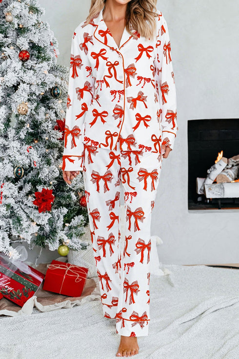 Christmas Bow Print Crewneck Long Sleeve Wide Leg Pajama Set