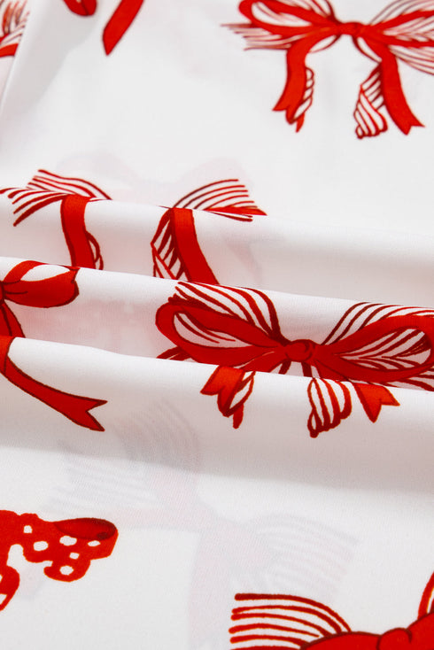 Christmas Bow Print Crewneck Long Sleeve Wide Leg Pajama Set