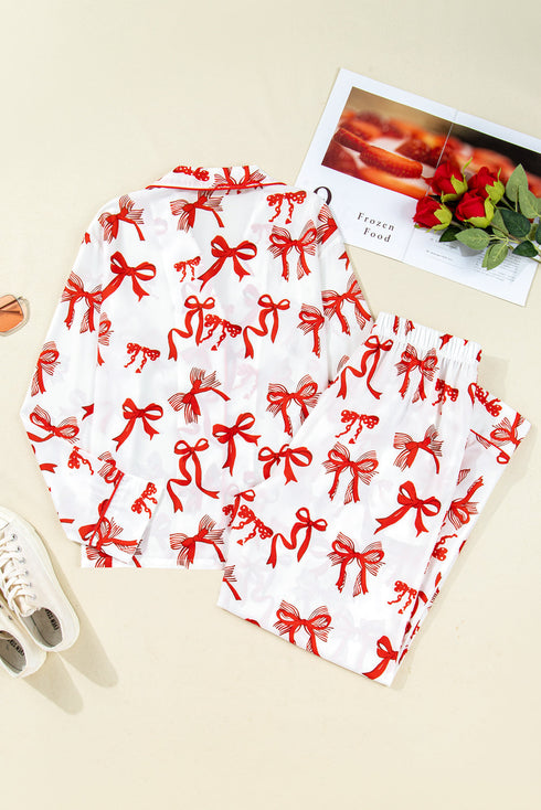 Christmas Bow Print Crewneck Long Sleeve Wide Leg Pajama Set
