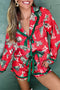 Christmas Print Satin Contrast Ruffle Bow Tie Sleepwear