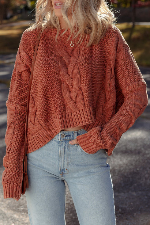 Chunky Cable Knit Drop Shoulder Asymmetric Hem Sweater