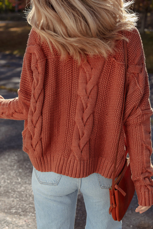 Chunky Cable Knit Drop Shoulder Asymmetric Hem Sweater