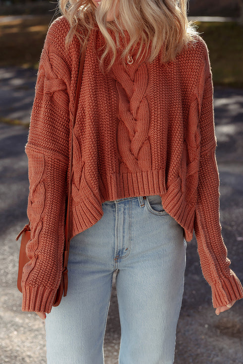 Chunky Cable Knit Drop Shoulder Asymmetric Hem Sweater