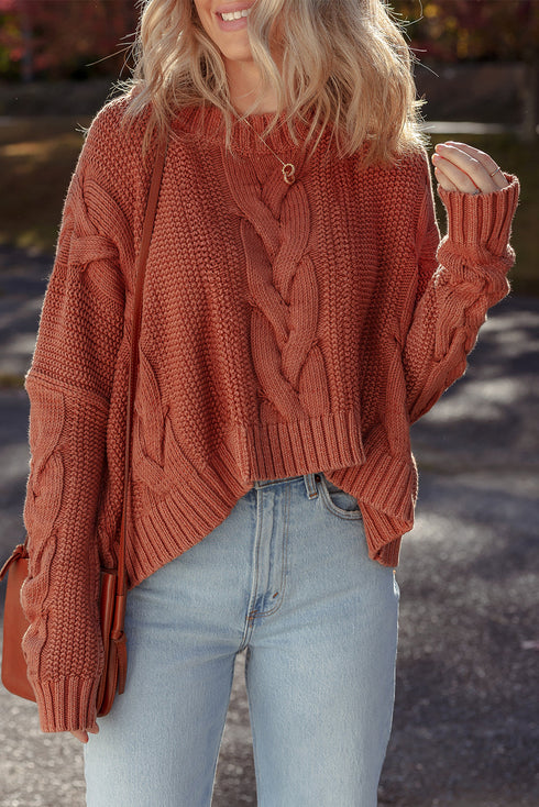 Chunky Cable Knit Drop Shoulder Asymmetric Hem Sweater