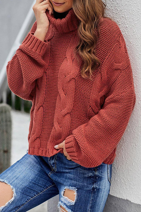 Chunky Cable Knit Long Sleeve Turtleneck Pullover Sweater