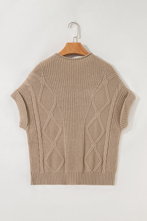Chunky Cable Knit Mock Neck Cap Sleeve Sweater