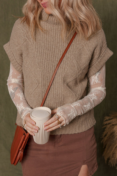 Chunky Cable Knit Mock Neck Cap Sleeve Sweater