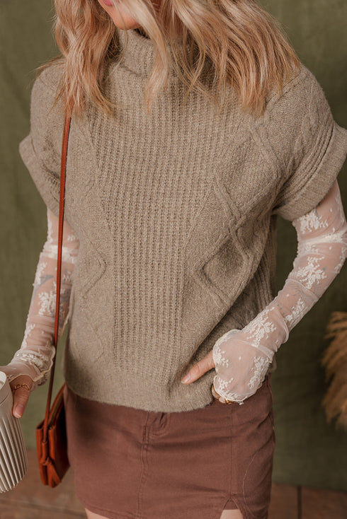 Chunky Cable Knit Mock Neck Cap Sleeve Sweater