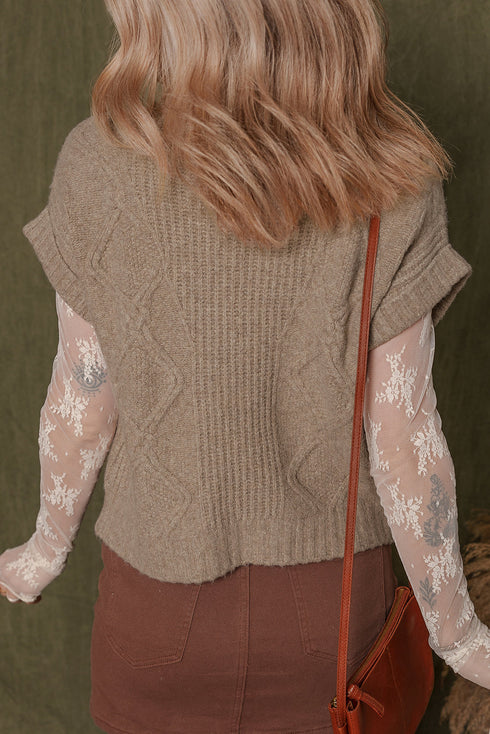 Chunky Cable Knit Mock Neck Cap Sleeve Sweater