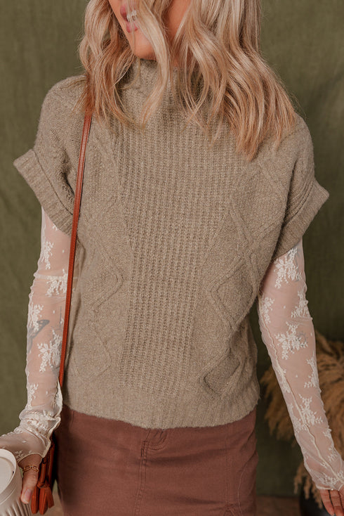 Chunky Cable Knit Mock Neck Cap Sleeve Sweater