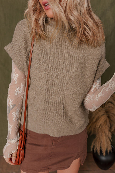 Chunky Cable Knit Mock Neck Cap Sleeve Sweater