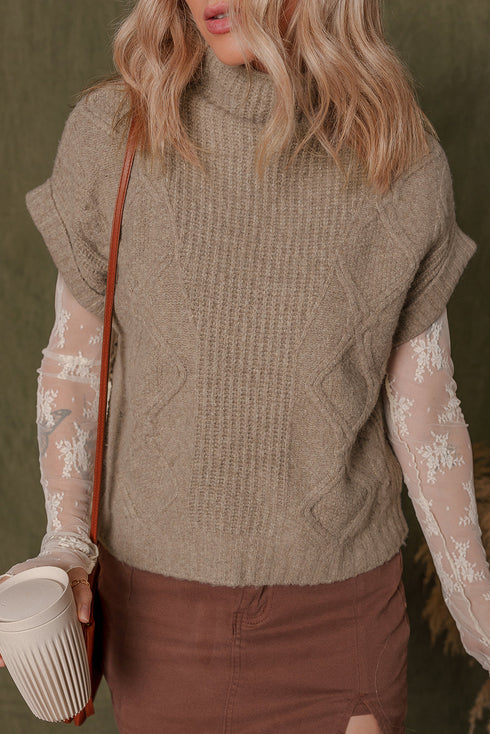 Chunky Cable Knit Mock Neck Cap Sleeve Sweater