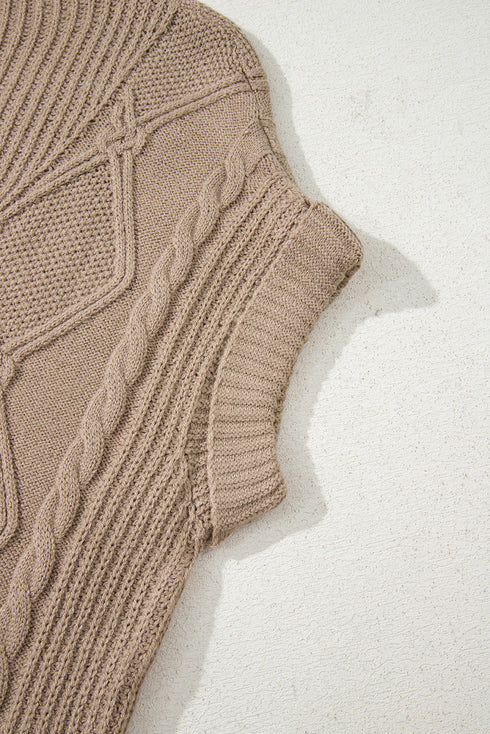 Chunky Cable Knit Mock Neck Cap Sleeve Sweater