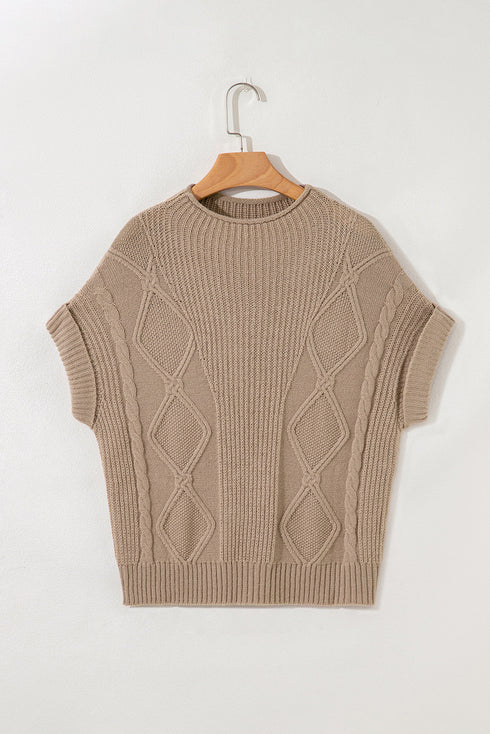 Chunky Cable Knit Mock Neck Cap Sleeve Sweater