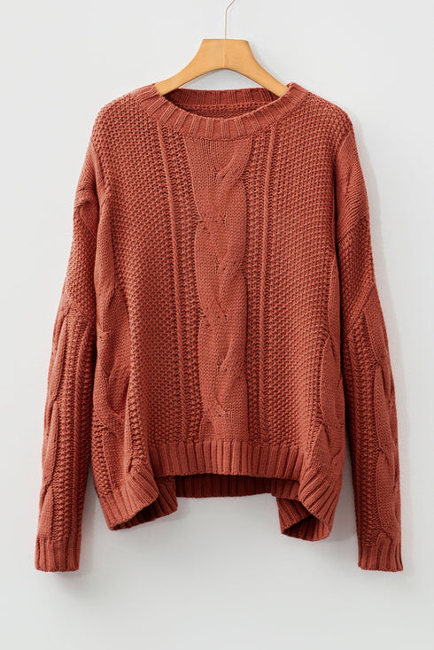 Chunky Cable Knit Oversized Crew Neck Pullover Sweater