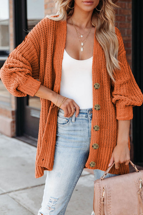 Chunky Cable Knit V-Neck Decorative Button Front Cardigan Sweater