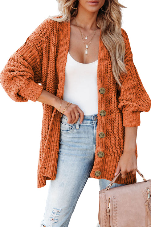 Chunky Cable Knit V-Neck Decorative Button Front Cardigan Sweater