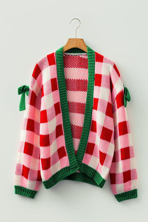 Chunky Checkered Knit Bow Tie Sleeve Cardigan