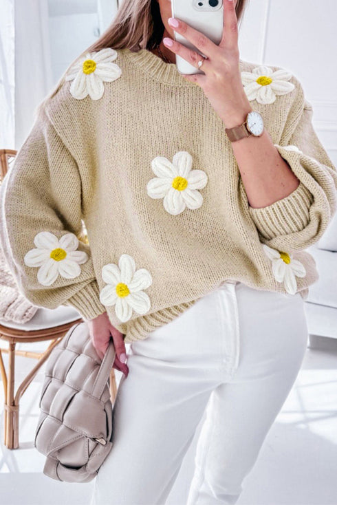 Chunky Knit Three Dimensional Floral Applique Balloon Sleeve Sweater