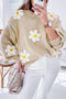 Chunky Knit Three Dimensional Floral Applique Balloon Sleeve Sweater