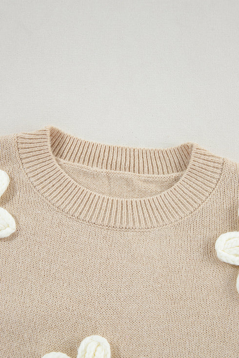 Chunky Knit Three Dimensional Floral Applique Balloon Sleeve Sweater