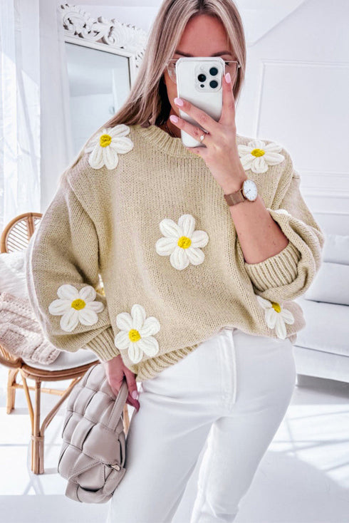 Chunky Knit Three Dimensional Floral Applique Balloon Sleeve Sweater