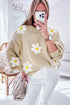 Chunky Knit Three Dimensional Floral Applique Balloon Sleeve Sweater