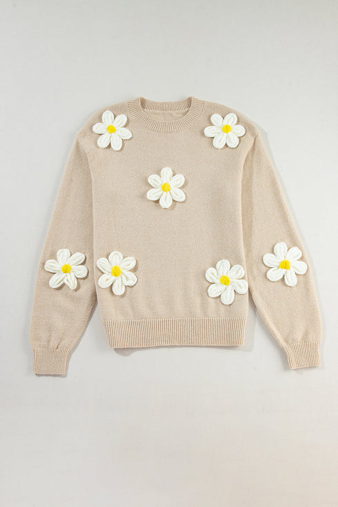 Chunky Knit Three Dimensional Floral Applique Balloon Sleeve Sweater