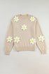 Chunky Knit Three Dimensional Floral Applique Balloon Sleeve Sweater