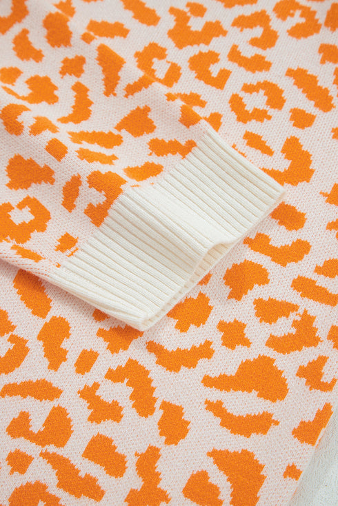 Chunky Leopard Jacquard Contrast Rib Button Front Drop Shoulder Cardigan