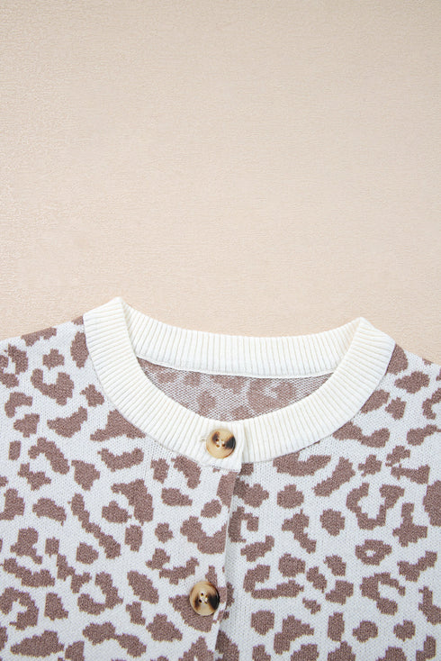Chunky Leopard Jacquard Contrast Rib Button Front Drop Shoulder Cardigan