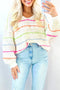 Chunky Rib V Neck Drop Shoulder Contrast Stripe Fuzzy Knit Sweater