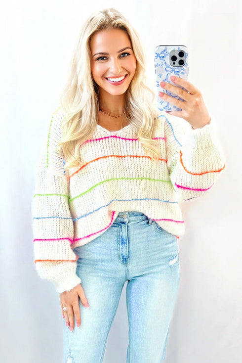 Chunky Rib V Neck Drop Shoulder Contrast Stripe Fuzzy Knit Sweater