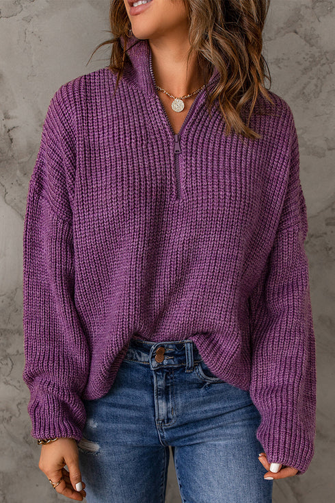 Chunky Ribbed Knit Half Zip Pullover Sweater
