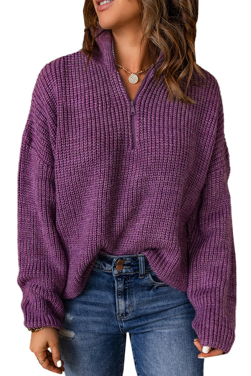 Chunky Ribbed Knit Half Zip Pullover Sweater